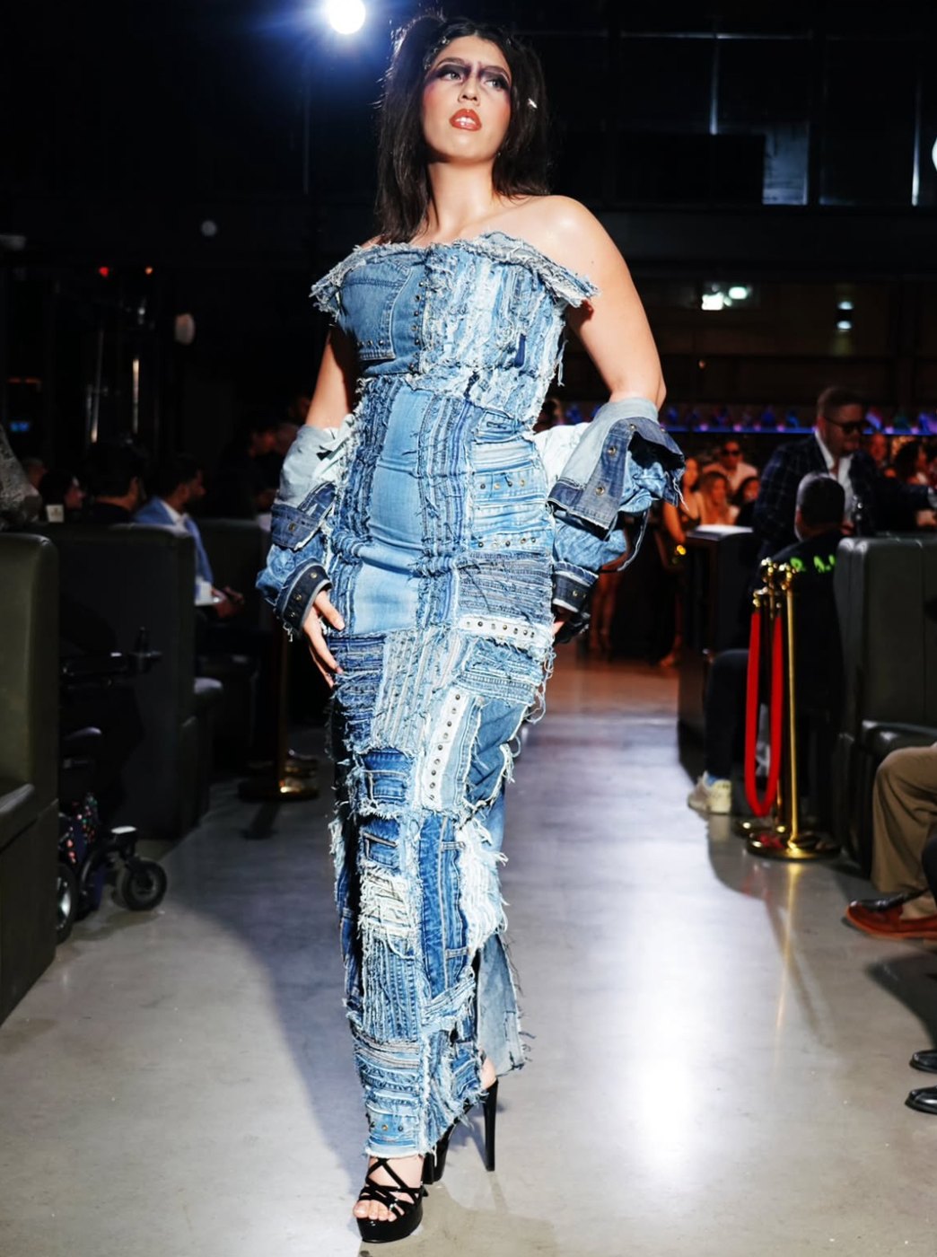 Strapless patchwork denim gown