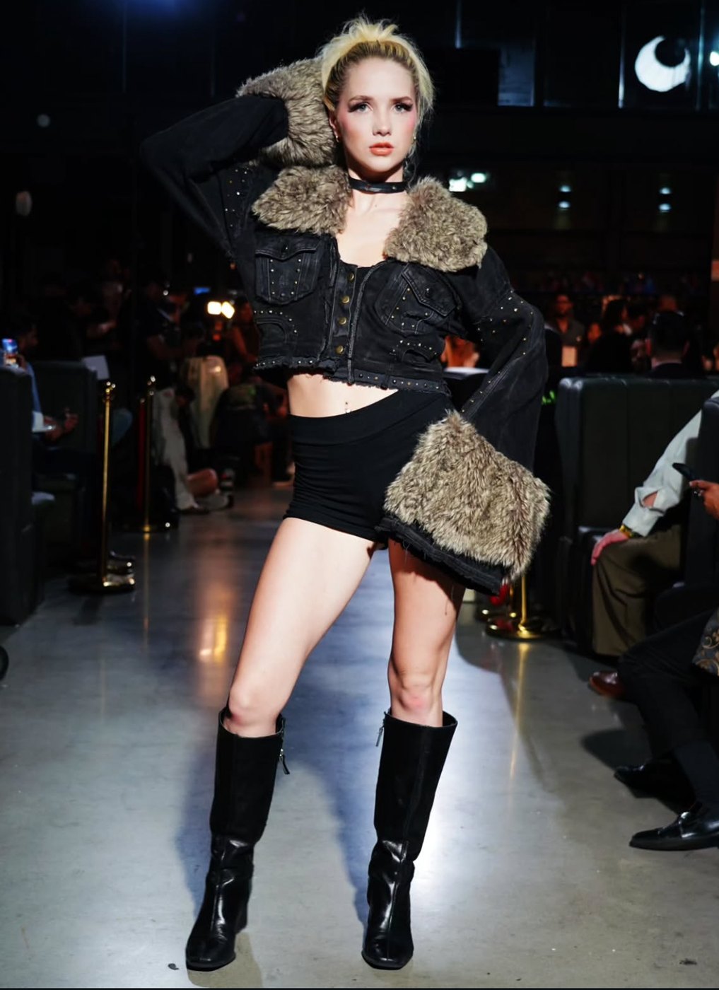 Studded black denim jacket with faux fur collar and cuffs