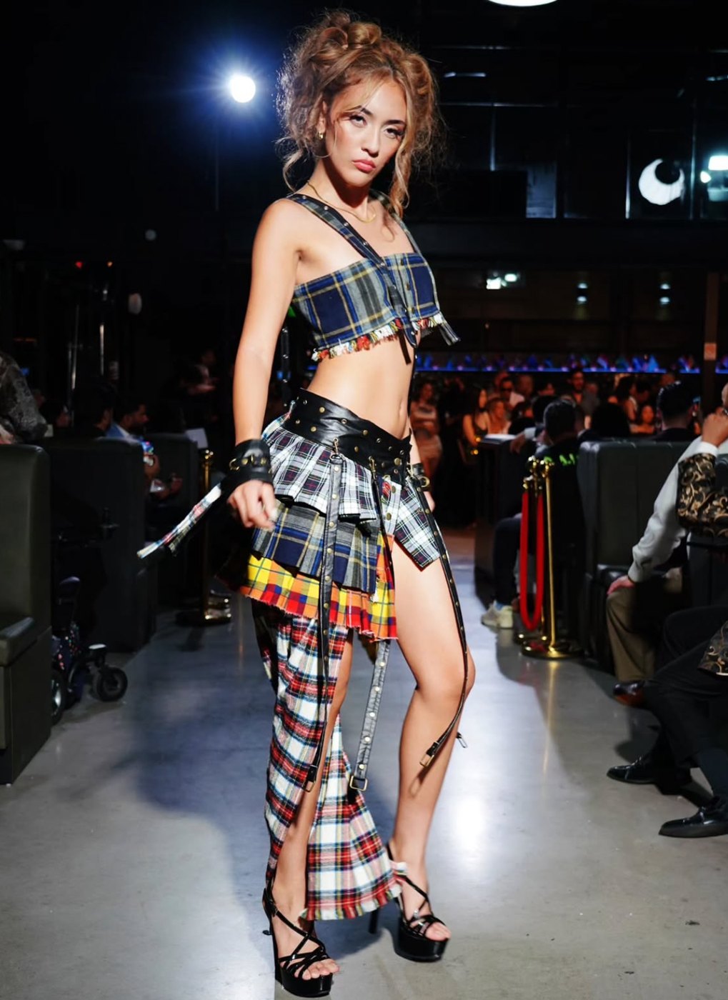 Layered plaid top and skirt with leather straps