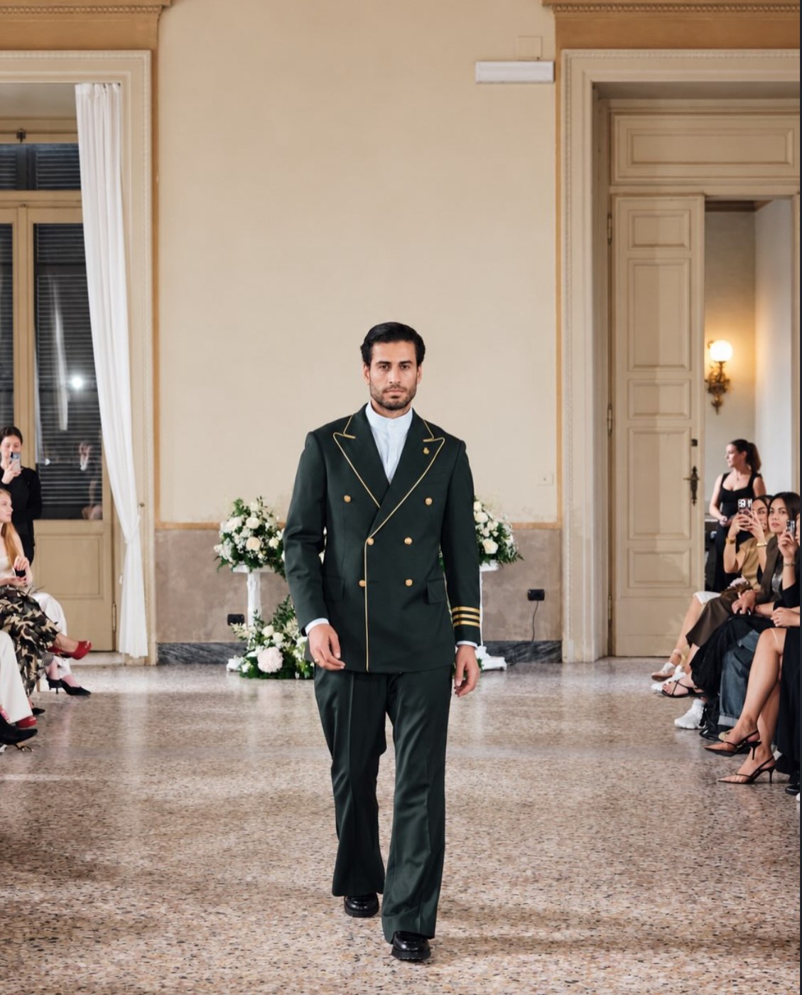 Forest green double-breasted suit with gold buttons and piping