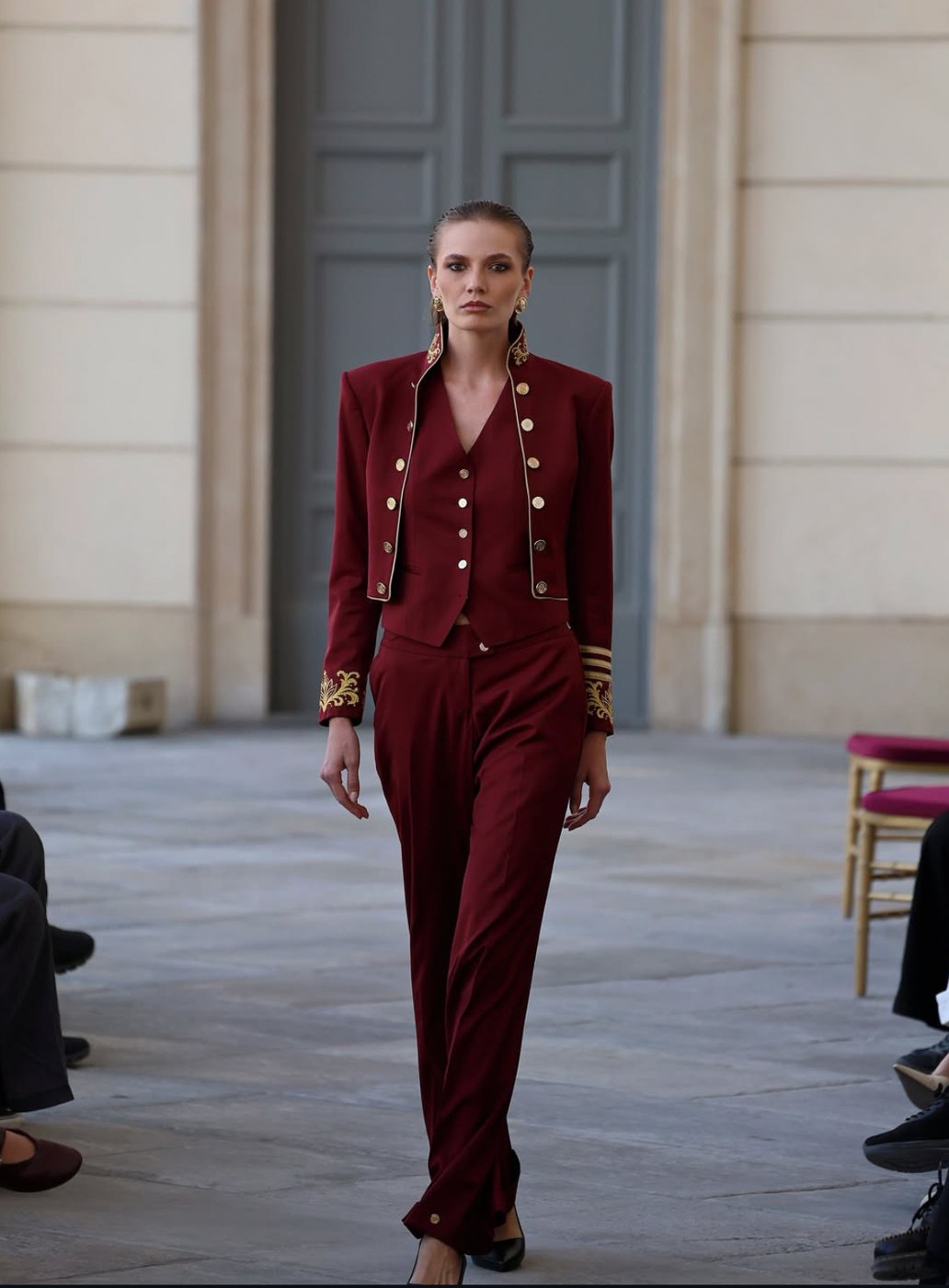 Burgundy cropped military jacket and vest with gold embroidery and buttons