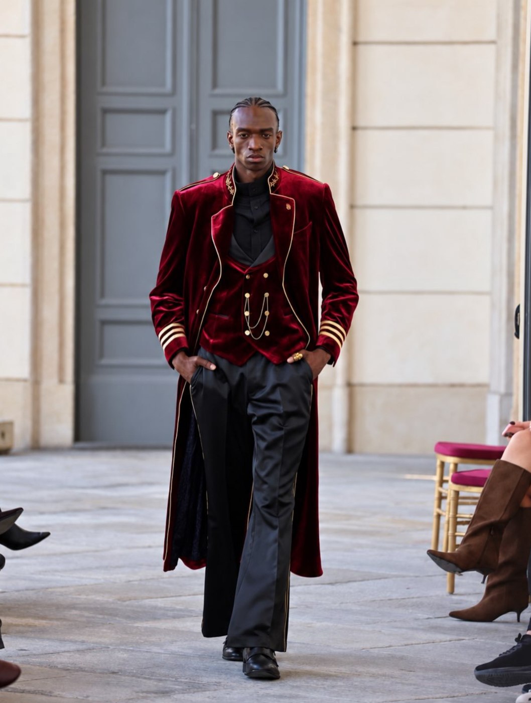 Burgundy velvet frock coat and double-breasted vest with gold chains and black satin trousers