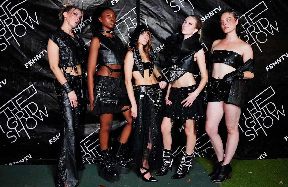 Five models in black leather looks from the Badpink Chile collection